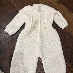 Hand-Knit Cream Baby One-Piece with Delicate Embroidery
